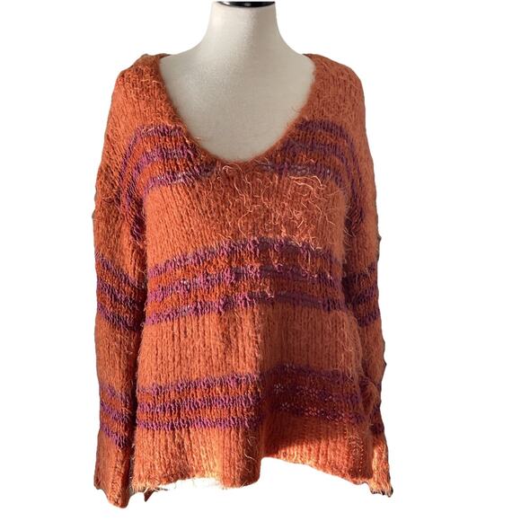 Free People Sweaters - Free People "Linus" Eyelash Chunky Knit Sweater Orange Stripe Size Medium